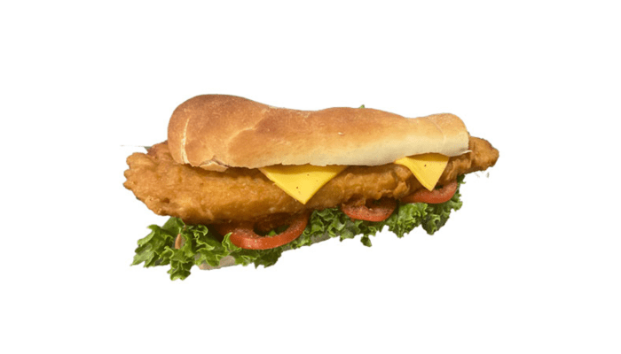 Fish sandwich with american cheese, lettuce, and tomato
