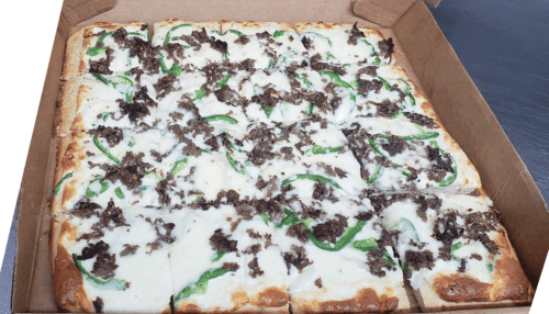 Philly steak pizza with cheese, shaved steak, green peppers, onion.