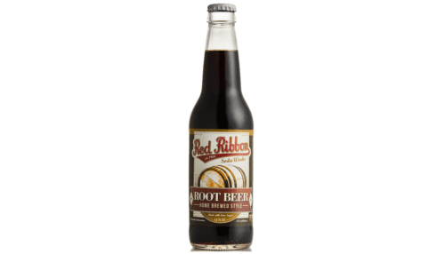 Red Ribbon root beer in a glass bottle