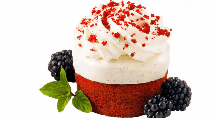 Red Velvet Cake topped with cream