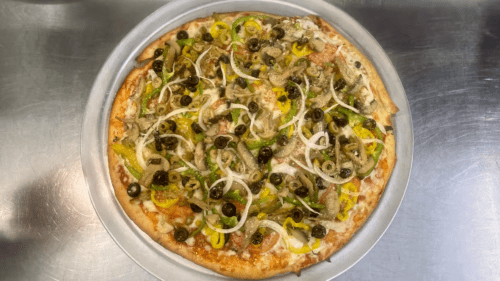 Vegetable pizza with mushrooms, black and green olives, green and banana peppers, onion, cheese and sauce.