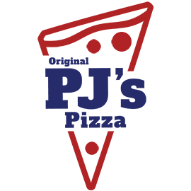 Original PJ's Pizza logo. Looks like a slice of pizza outline with the name in the middle.